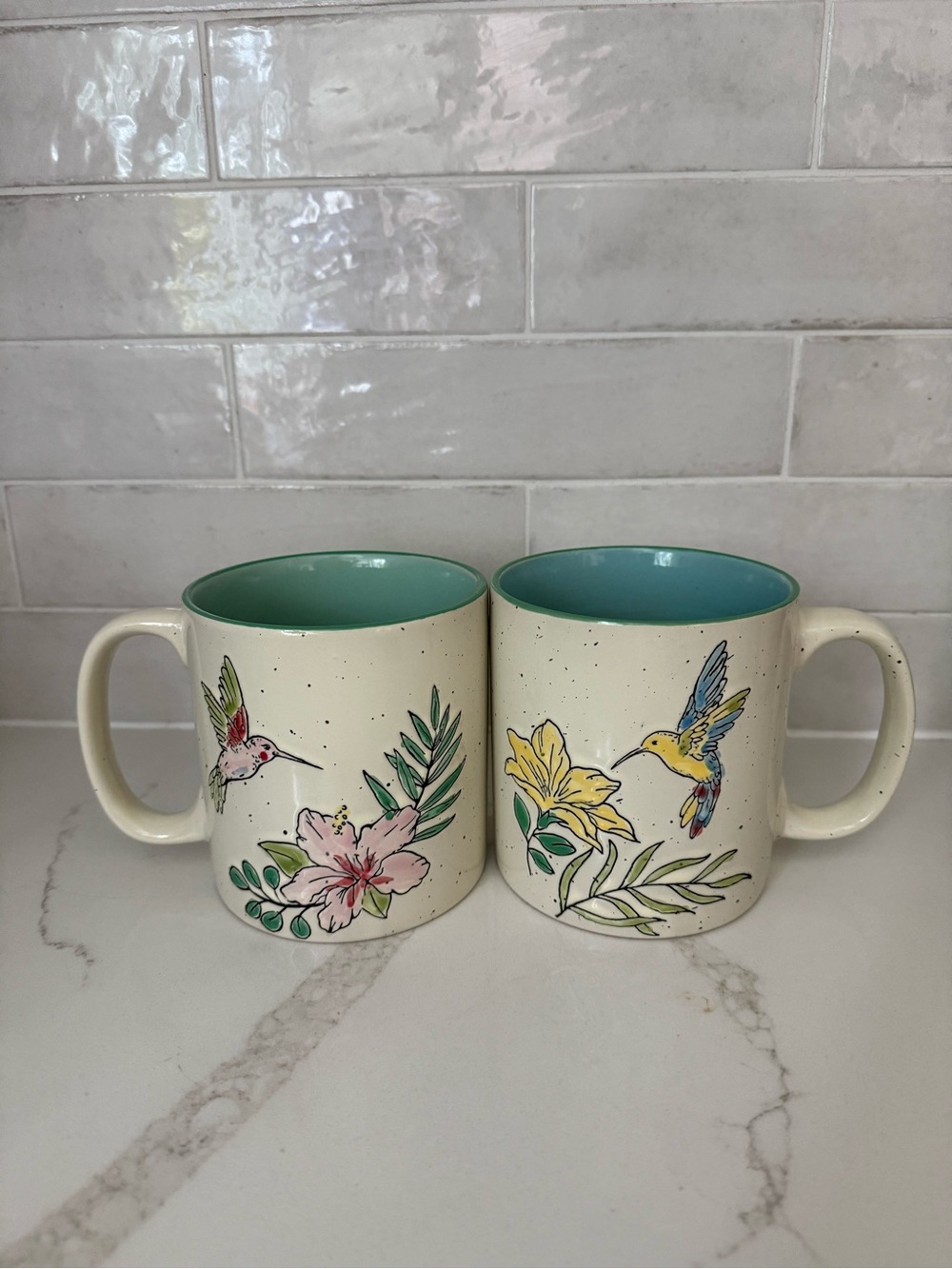Hobby Lobby Cream Ceramic Mugs with Teal Interior and Hummingbird Floral Art